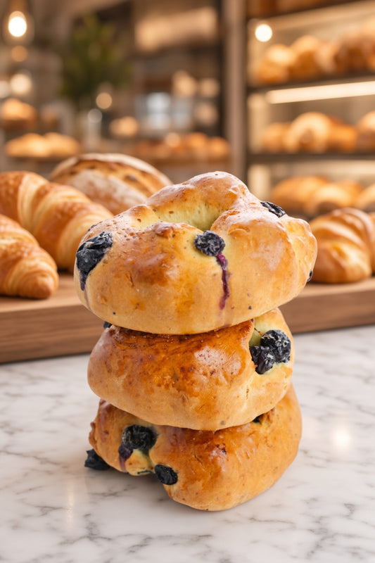 Three golden-brown baked blueberry bagels stacked on a white marble countertop, with a blurred bakery background showing croissants and more pastries.