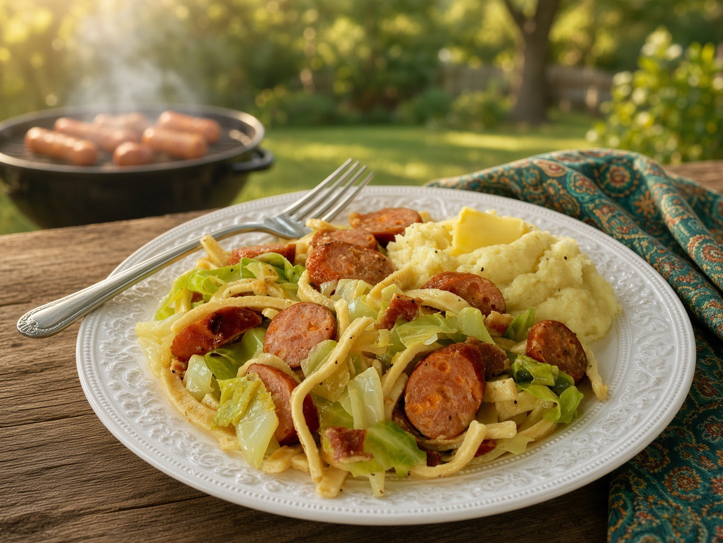A plated meal of pasta with sliced sausage, lettuce, and mashed potatoes on a white plate, set on a wooden table outdoors with a blurred background of a grill and greenery.