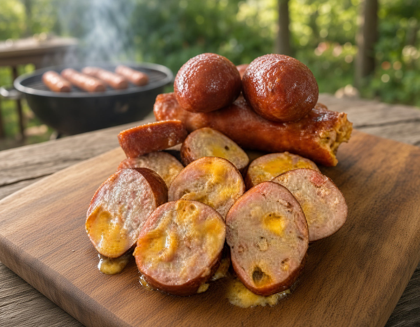 Grilled sausage slices and a whole sausage on a wooden cutting board, with a black grill and green outdoor background blurred in the distance.