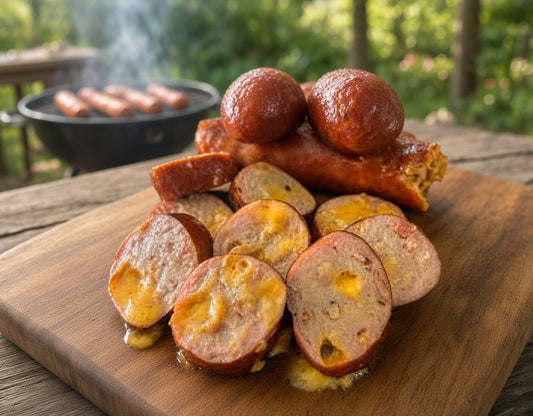 Grilled sausage slices and a whole sausage on a wooden cutting board, with a black grill and green outdoor background blurred in the distance.