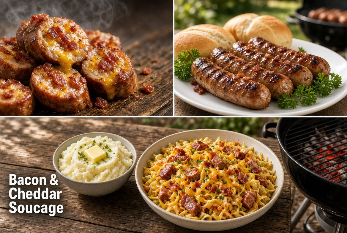 A four-panel collage showcasing bacon and cheddar soucege dishes: grilled cheese potato slices, cooked sausage links with bread, mashed potatoes with butter, and a bowl of cheddar cheese pasta with bacon bits, all set in an outdoor barbecue context with a grill visible.