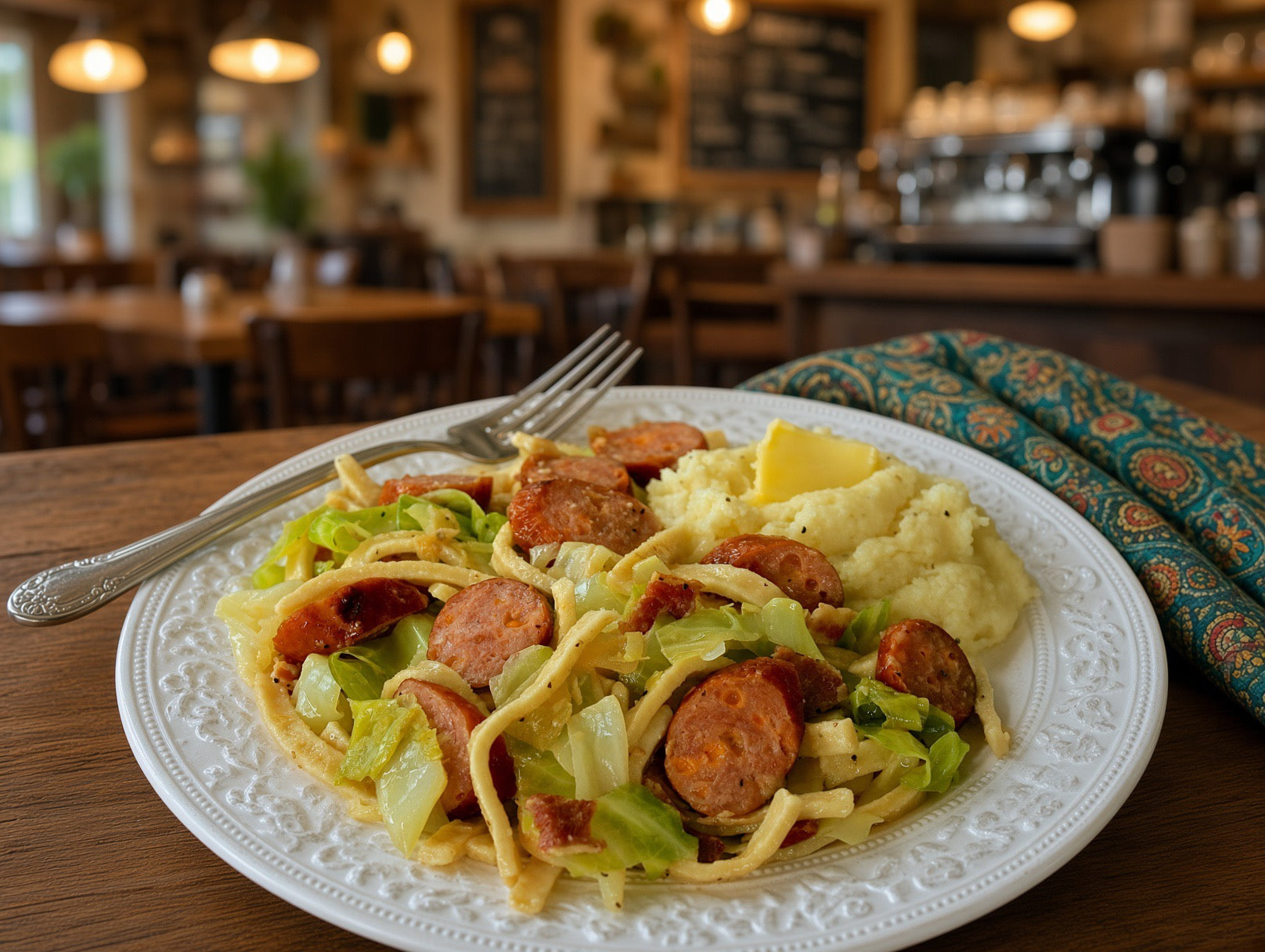A close-up of a plated meal featuring sausage pasta with cabbage and mashed potatoes on a white plate, set on a wooden table in a cozy restaurant setting.