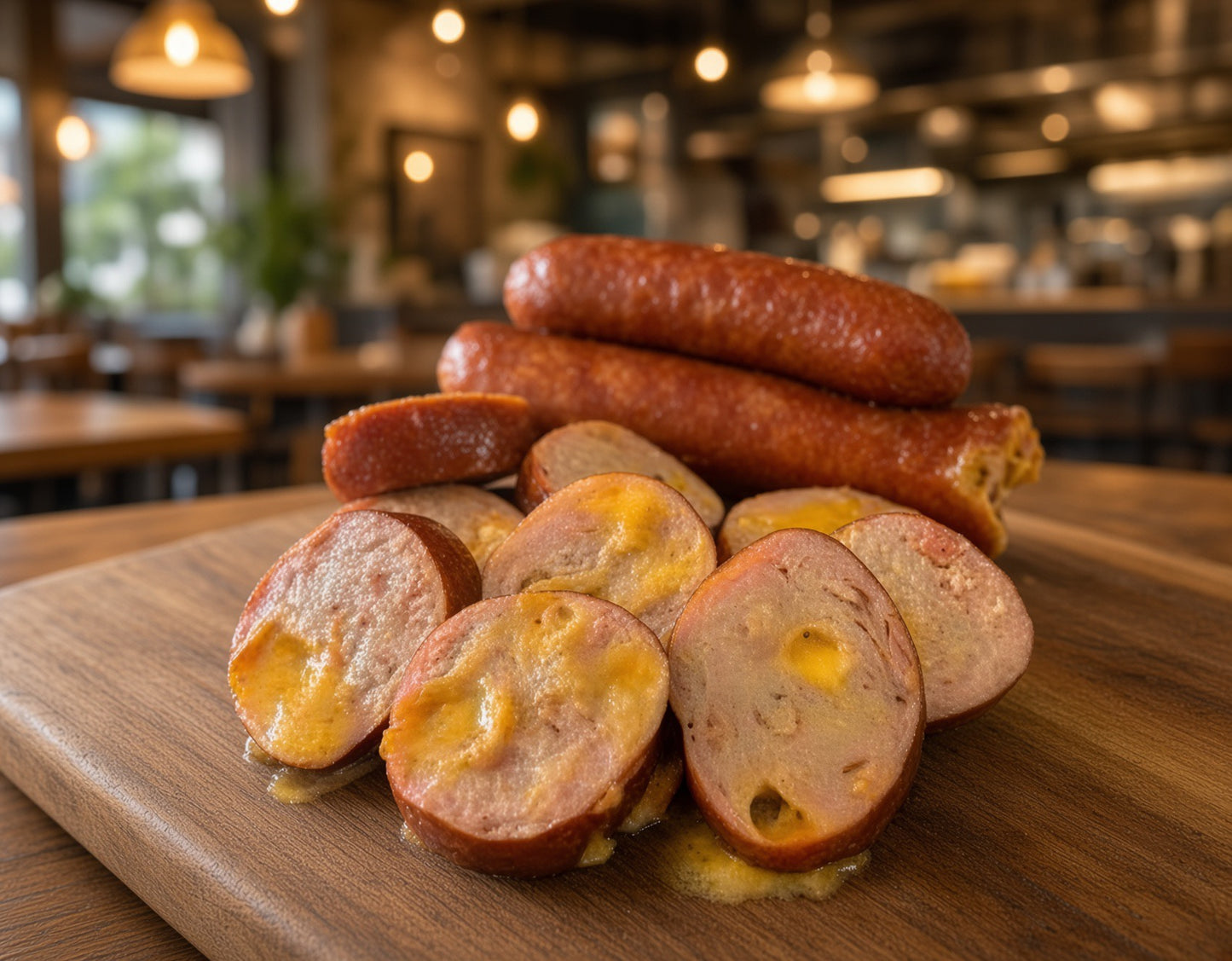 Sliced and whole sausages with melted cheese on a wooden cutting board, set against a blurred restaurant background.