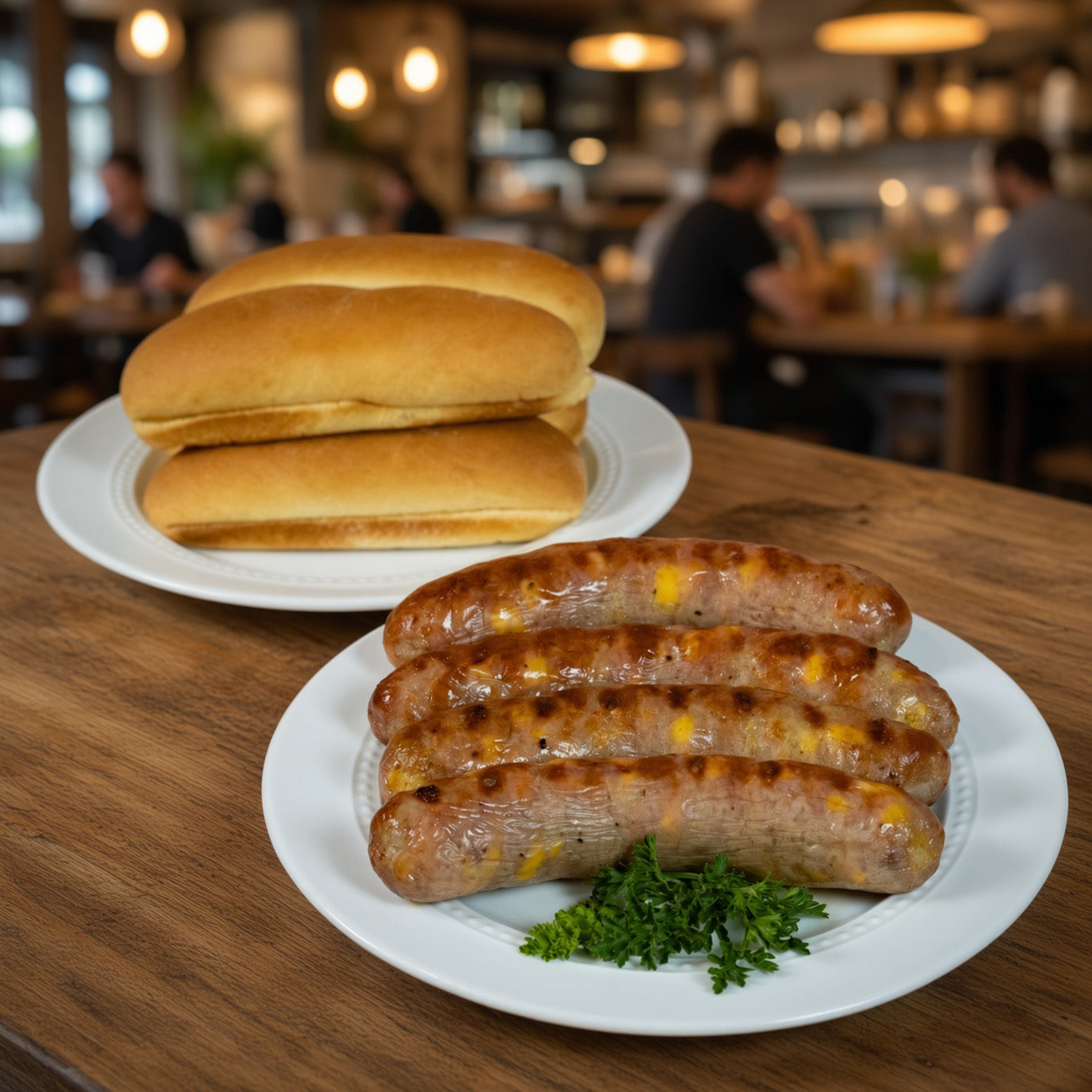 Grilled sausages and buns served on white plates on a wooden table in a restaurant setting with blurred people in the background.