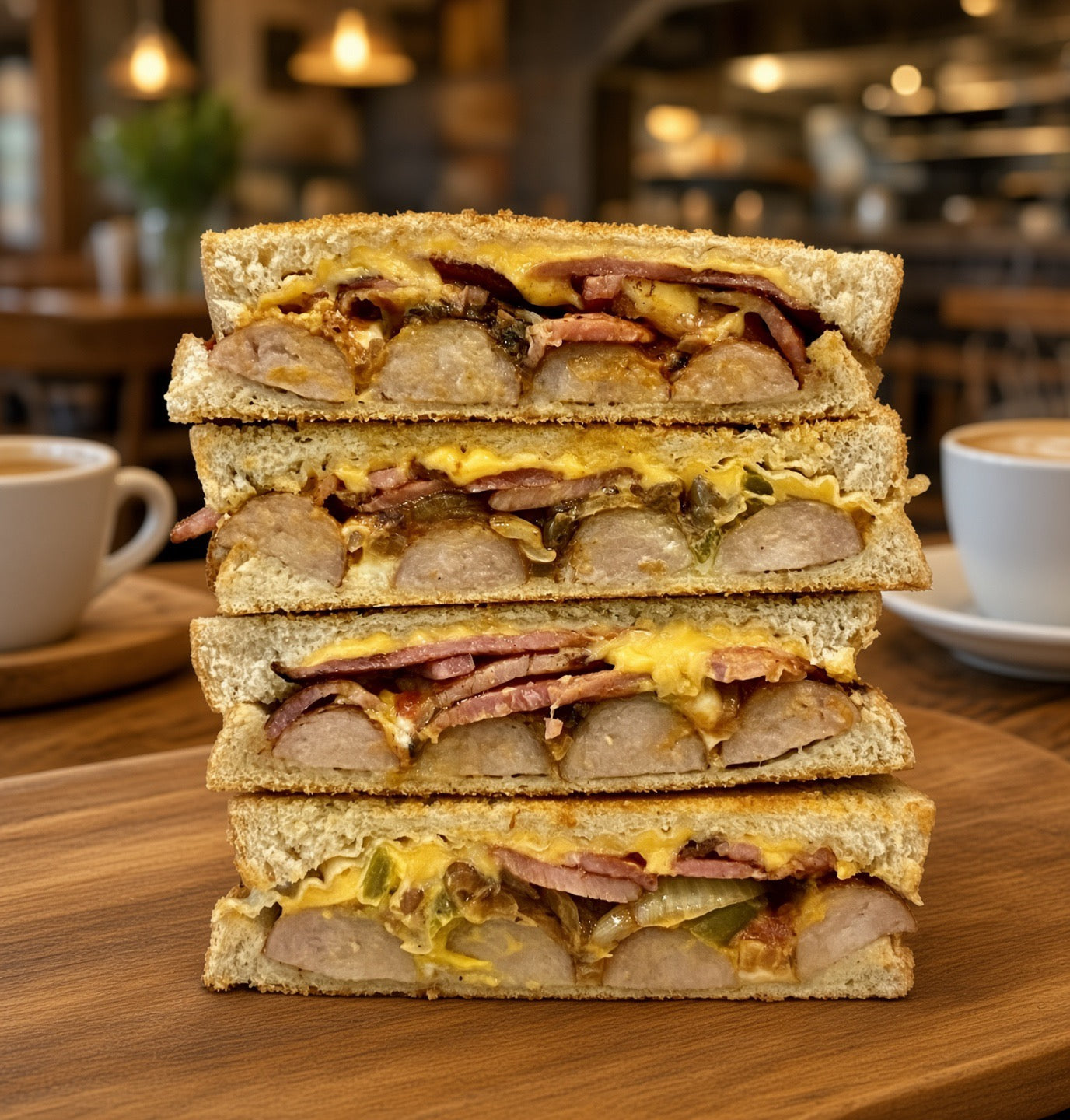 A stacked stack of four gourmet sandwiches on a wooden table in a cozy cafe setting. The sandwiches are made with thick brown bread, filled with melted yellow cheese, sliced pink meat, and green peppers.
