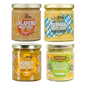 Unique Snacks Mustard Variety Pack - Includes German, Honey, Jalapeno, and Wasabi Mustard Dips and Spreads, Non-GMO