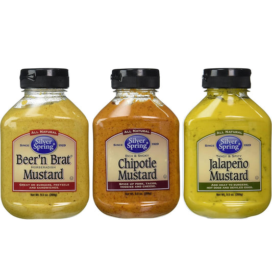 Silver Spring All Natural Mustard Variety - Beer'n Brat Horseradish Mustard, Rich And Smoky Chipotle Mustard, Tangy & Spicy Jalapeno Mustard - Pack of 3