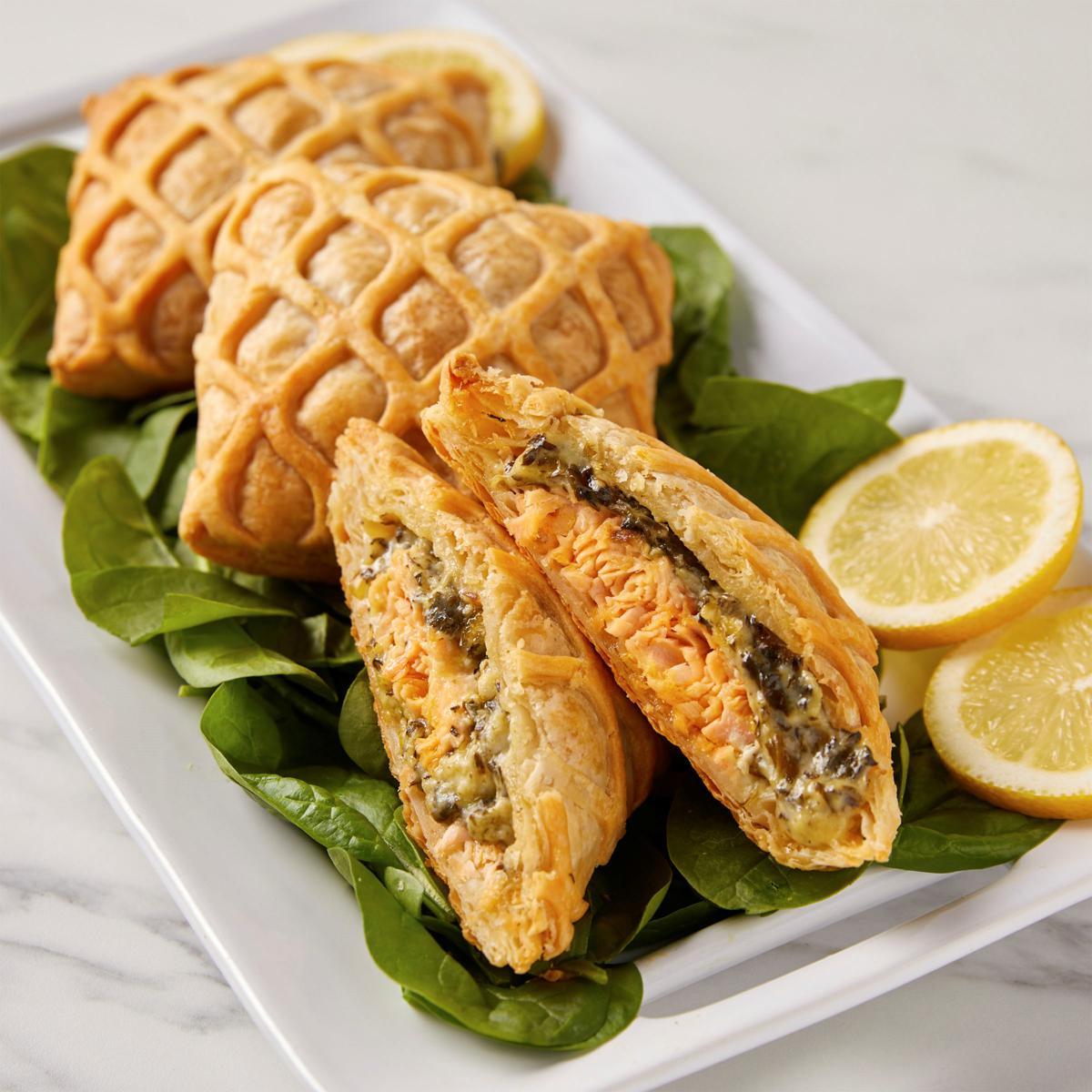 Wild Salmon Wellington Puff Pastries Salmon Wellington w/Spinach, Lemon and Cheddar Sauce, 6.7 oz each - includes 12