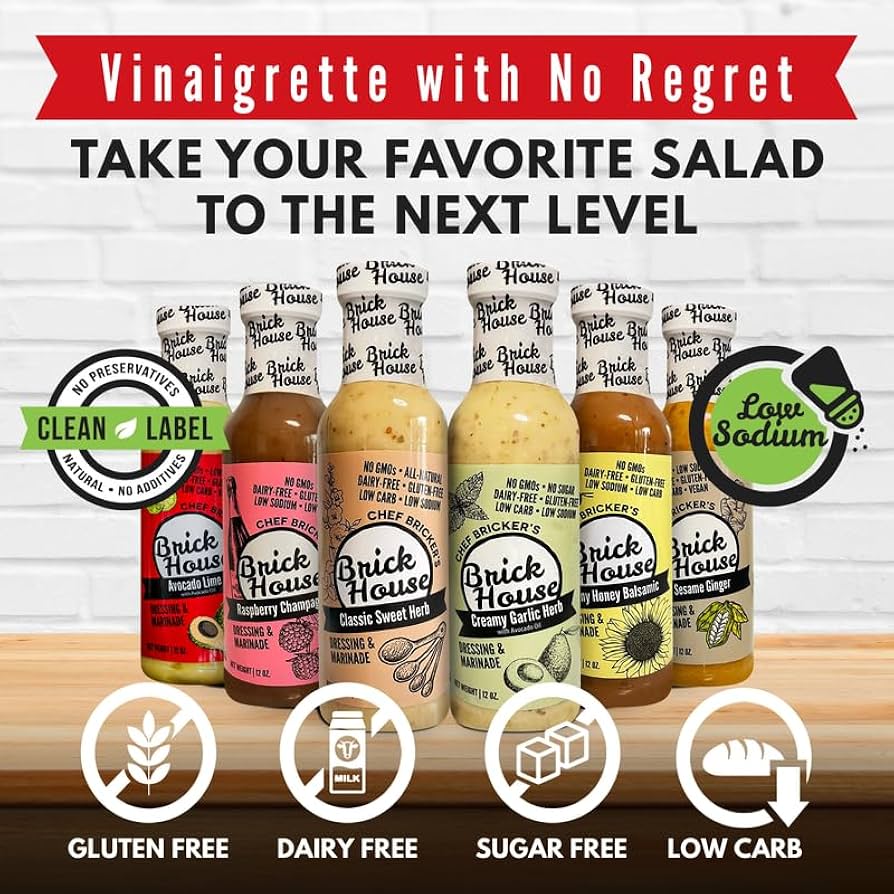 Low Sodium Salad Dressing Variety - Vegan Salad Dressing Option, Balsamic Vinaigrette Dressing, Avocado Ranch Dressing by Brick House - Pack of 6