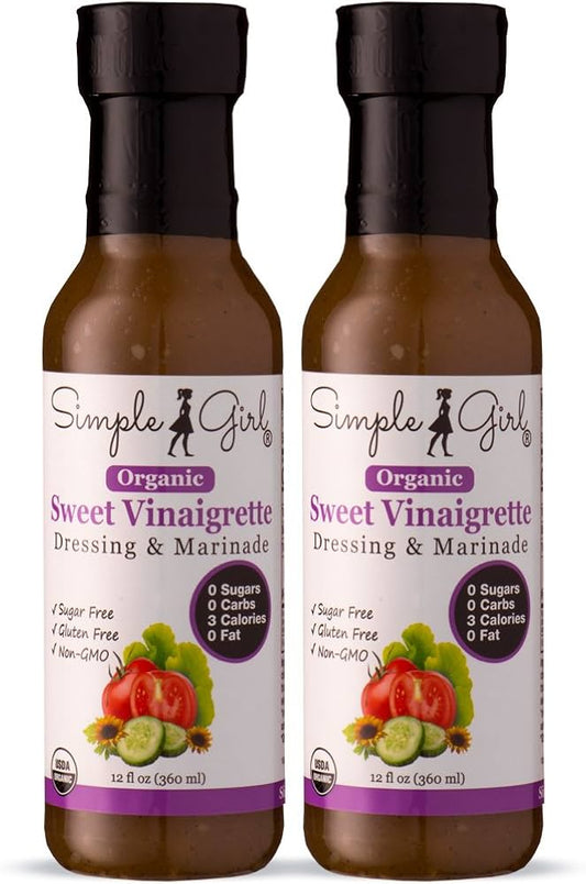 Simple Girl Organic Sweet Vinaigrette Sugar Free Salad Dressing - 12 oz - Certified Organic - Kosher - Gluten Free - Vegan - Carb Free - Fat Free - Low Calorie Diet Friendly - Pack of 2