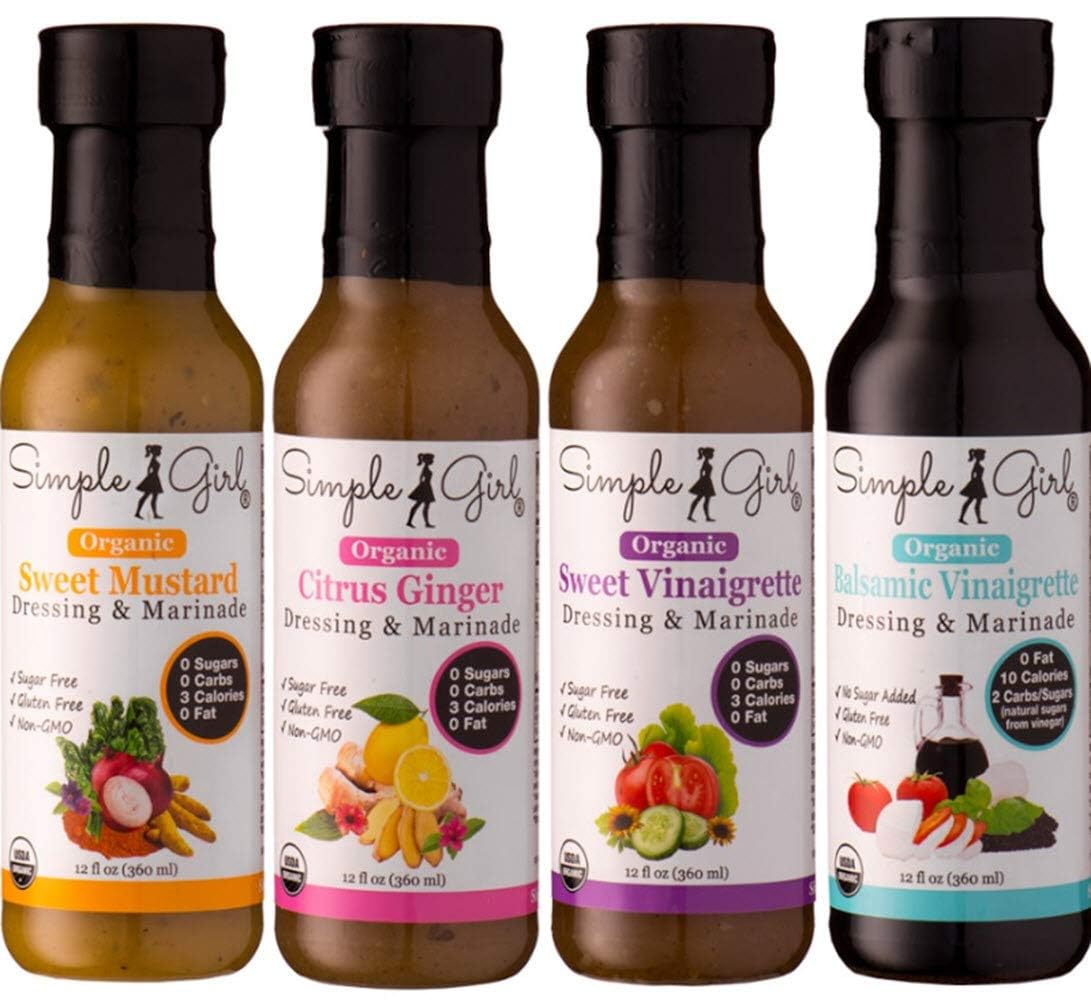 Simple Girl Organic Salad Dressing Variety - Sweet Vinaigrette, Balsamic Vinaigrette, Sweet Mustard and Citrus Ginger - Sugar Free Dressings - Pack of 4