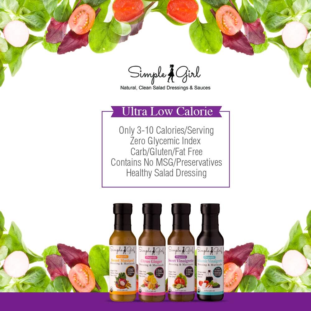 Simple Girl Organic Salad Dressing Variety - Sweet Vinaigrette, Balsamic Vinaigrette, Sweet Mustard and Citrus Ginger - Sugar Free Dressings - Pack of 4