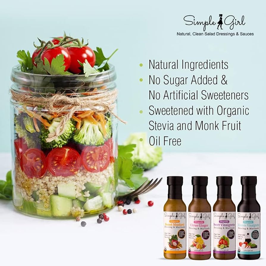 Simple Girl Organic Salad Dressing Variety - Sweet Vinaigrette, Balsamic Vinaigrette, Sweet Mustard and Citrus Ginger - Sugar Free Dressings - Pack of 4