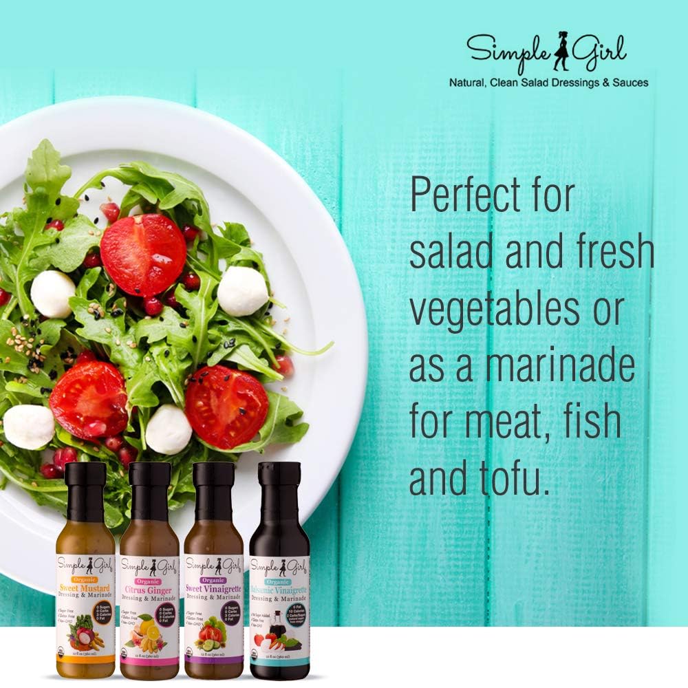 Simple Girl Organic Salad Dressing Variety - Sweet Vinaigrette, Balsamic Vinaigrette, Sweet Mustard and Citrus Ginger - Sugar Free Dressings - Pack of 4