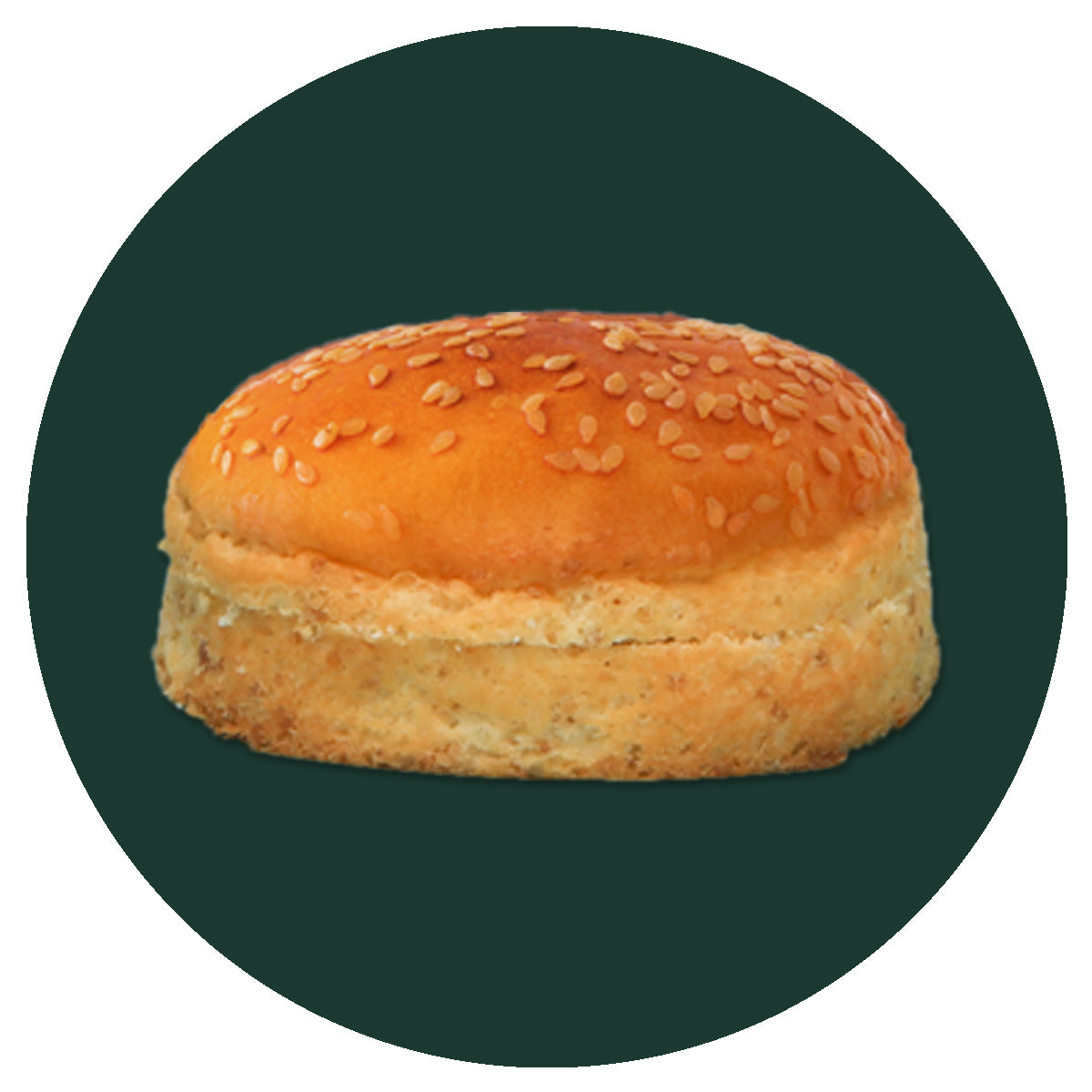 A single sesame seed bun or hamburger roll centered inside a dark green circular backdrop on a white background.