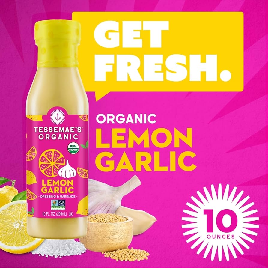 Tessemae's All Natural Salad Dressing, Organic Lemon Garlic - Pack of 2