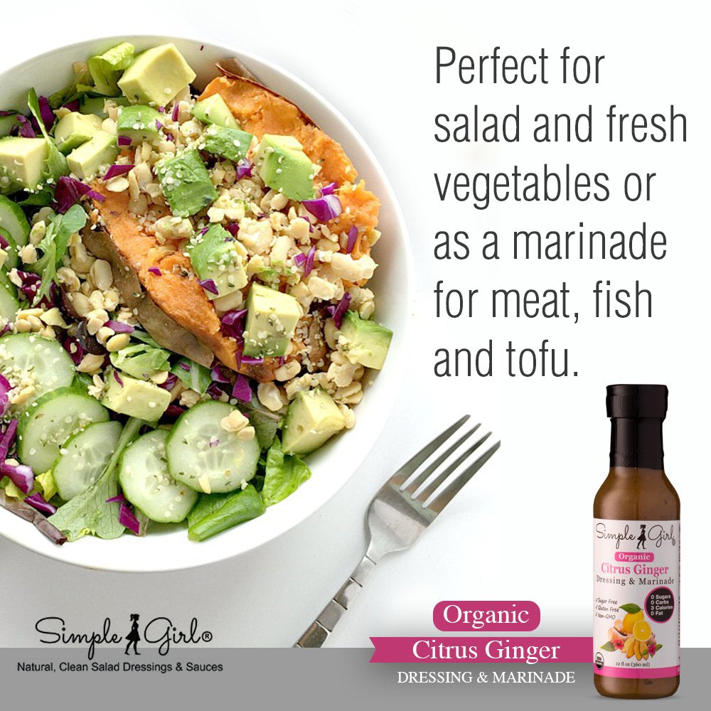 Simple Girl Organic Citrus Ginger Sugar Free Salad Dressing and Marinade - 12 oz - Certified Organic - Kosher - Gluten Free - Vegan - Carb Free - Fat Free - Low Calorie Diet Friendly - Pack of 2