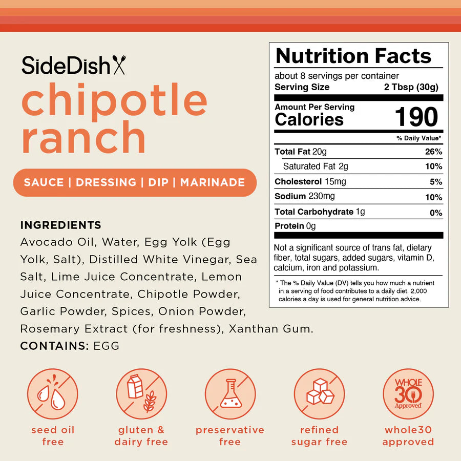 SideDish, Refined Sugar Free Salad Dressing, Seed Oil Free - Chipotle Ranch Salad Dressing - Pack of 3