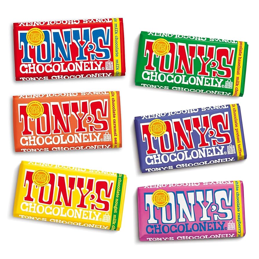 Tony’s Chocolonely Super Duper Milk Chocolate Halloween Candy Bar Bundle, Milk & White Chocolate With Sea Salt, Caramel, Pretzel Toffee, Almond, Hazelnut, Quality Fairtrade Cocoa, 6 Bars