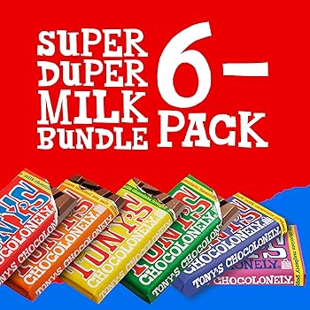 Tony’s Chocolonely Super Duper Milk Chocolate Halloween Candy Bar Bundle, Milk & White Chocolate With Sea Salt, Caramel, Pretzel Toffee, Almond, Hazelnut, Quality Fairtrade Cocoa, 6 Bars