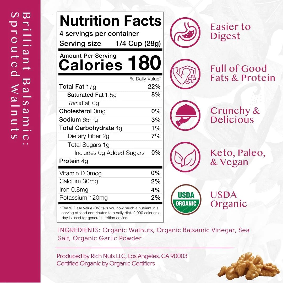 Rich Nuts Brilliant Balsamic Gourmet Sprouted Walnuts | Vegan, Paleo, Keto | Balsamic Vinegar, Garlic and Sea Salt - Pack of 2