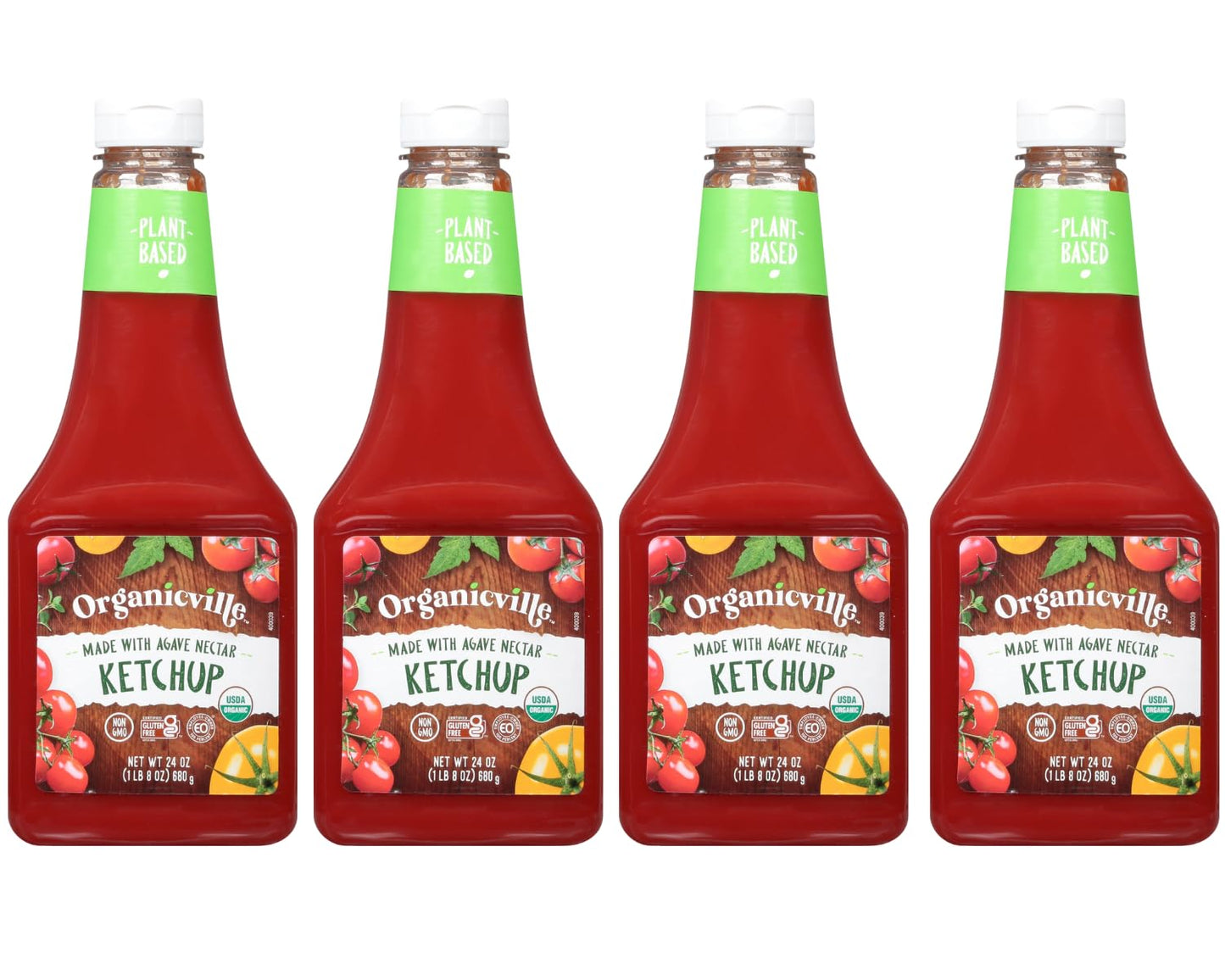 Organicville Organic Ketchup - Tomato Ketchup, Gluten Free, Non-GMO, Vegan, USDA Organic, Made with Agave Nectar, Plant-Based Ketchup, Squeeze Bottle - Pack of 4