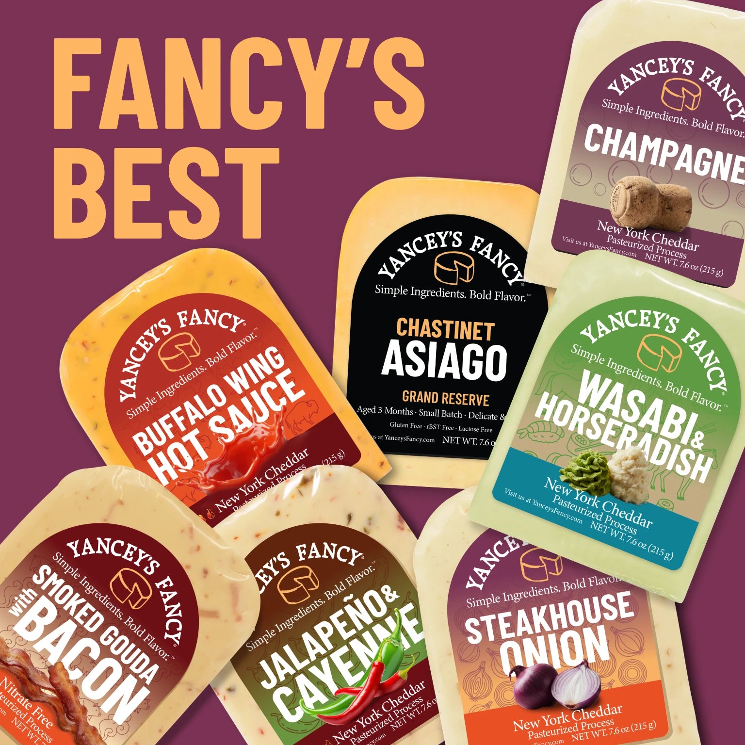 A promotional collage of Yancey's Fancy cheese spreads and hot sauces on a purple background with the text 'FANCY'S BEST.' Multiple packaged products are shown, including Buffalo Wing Hot Sauce, Chastinet Asiago, Wasabi & Horseradish, Stoked Gouda Bacon, Jalapeño & Cavena, Champagne, Steakhouse Onion, and New York Cheddar.