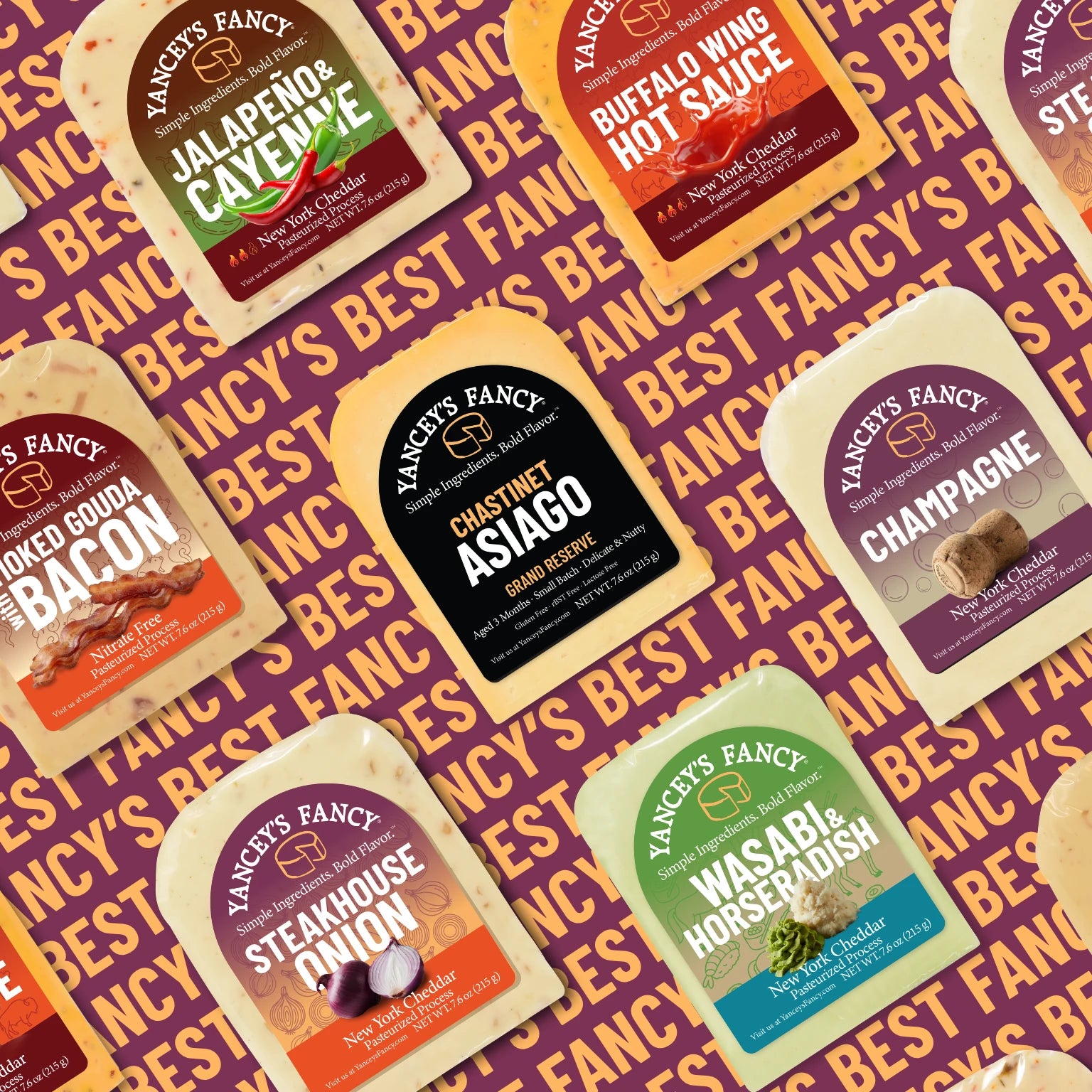 A collage of Yancey's Fancy artisanal cheese wedges arranged on a purple background with repeated yellow text reading 'Yancey's Best Fanciest.' Visible flavors include Jalapeño & Cabbage, Buffalo Wing Hot Sauce, Smoked Gouda Bacon, Cheddar Asiago, Champagne, Steakhouse Onion, Wasabi & Horseradish, and Buffalo Wing Hot Sauce.