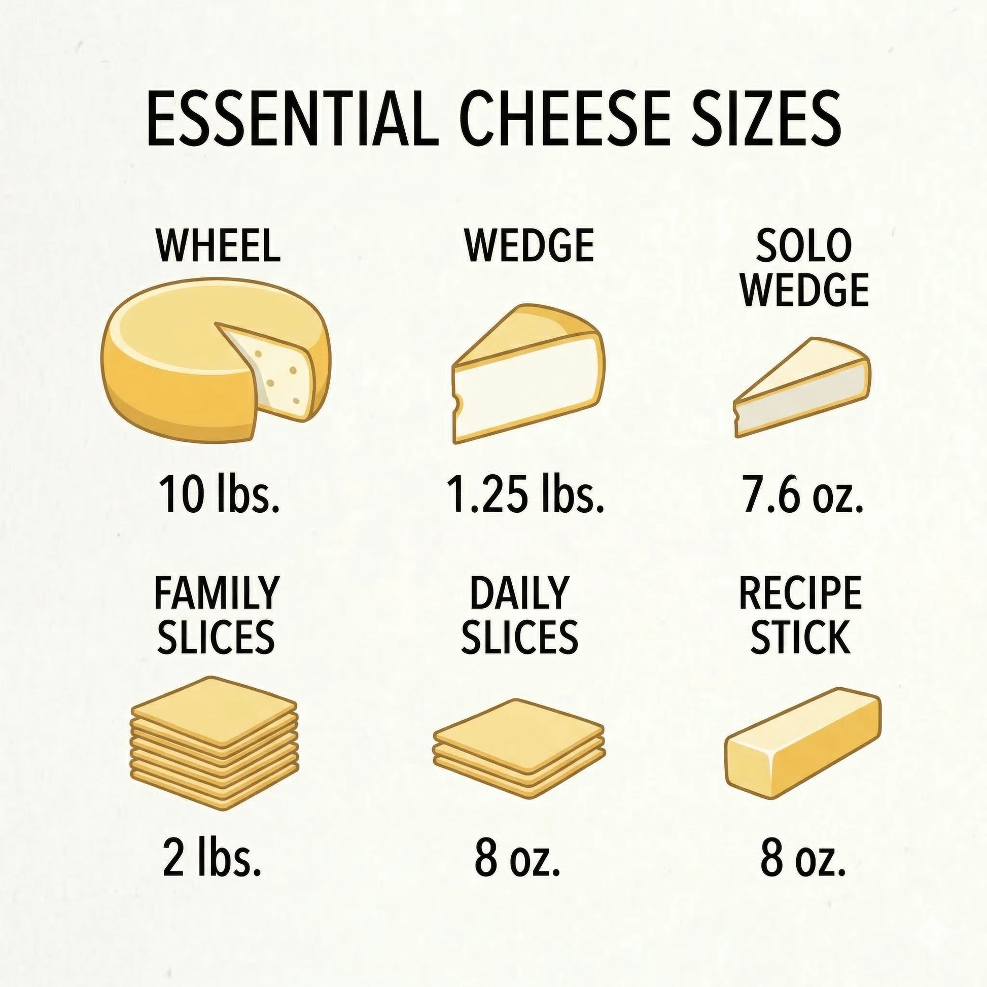 Diagram of essential cheese sizes with corresponding weights on a white background