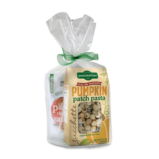 A bag of Pastabilities pumpkin patch pasta with a green ribbon bow, shown on a clean white background.