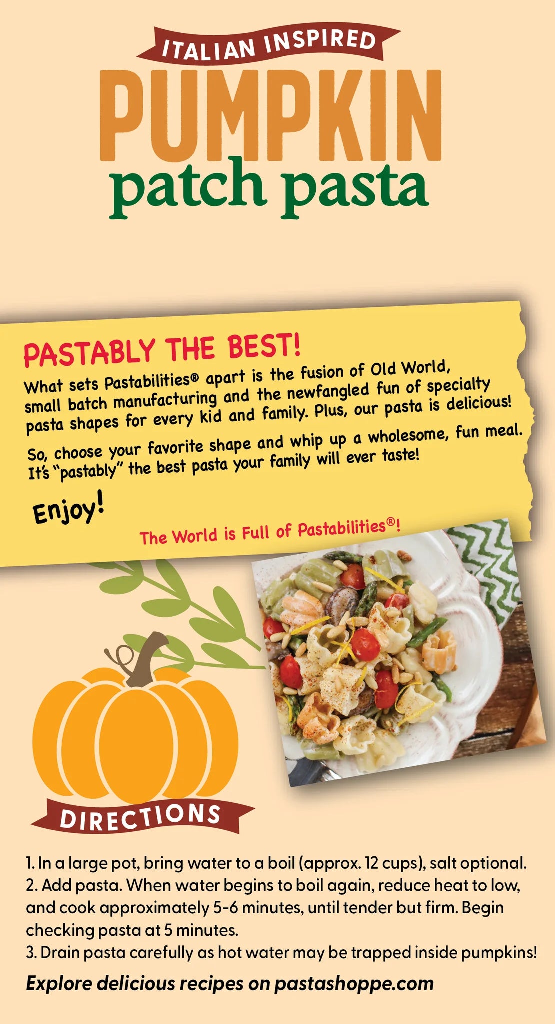 Pumpkin patch pasta advertisement with text and images of pasta and pumpkins.