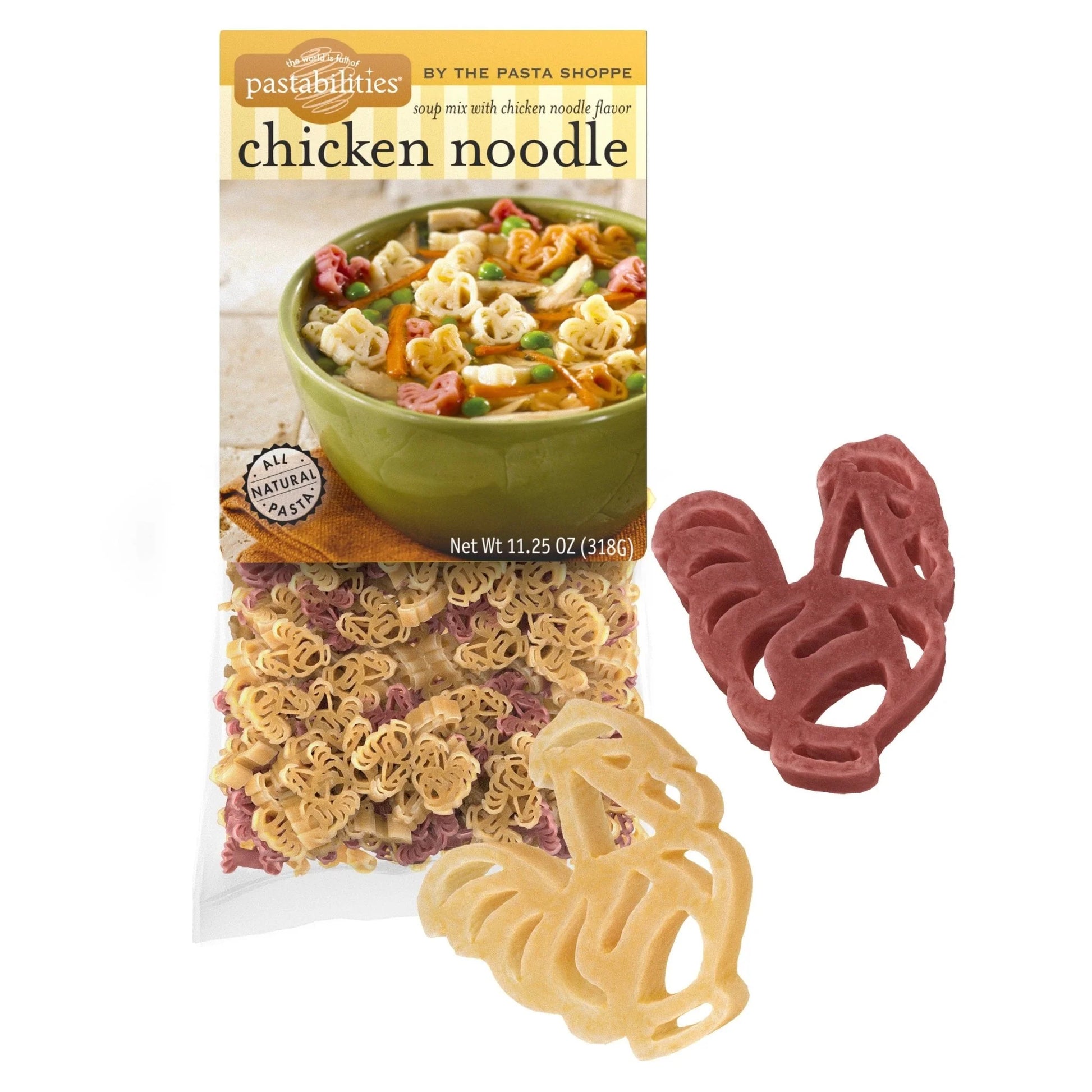 Packaged chicken noodle soup mix with noodles and a bowl of soup on a white background