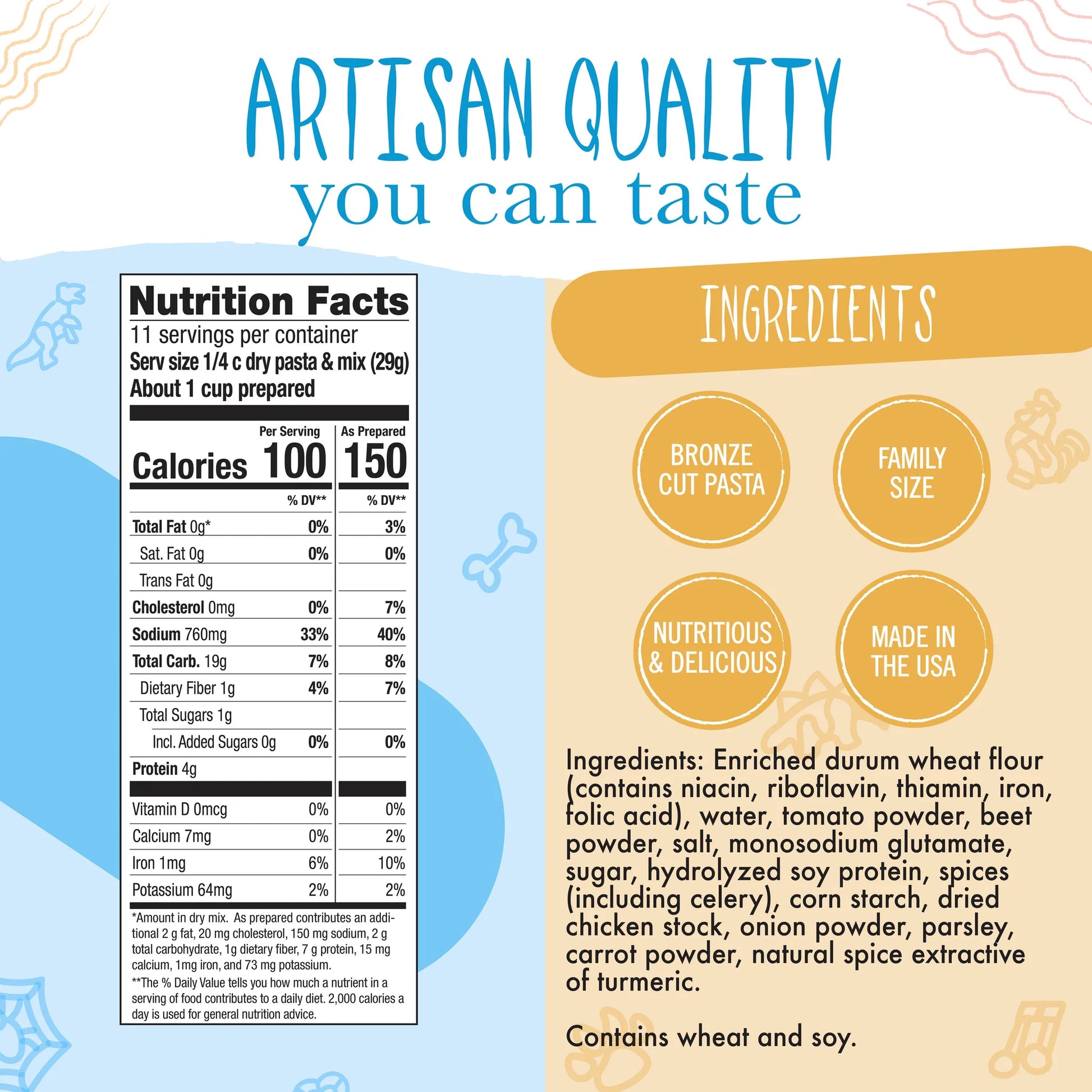 Nutrition facts and ingredients label for artisan pasta with decorative elements.