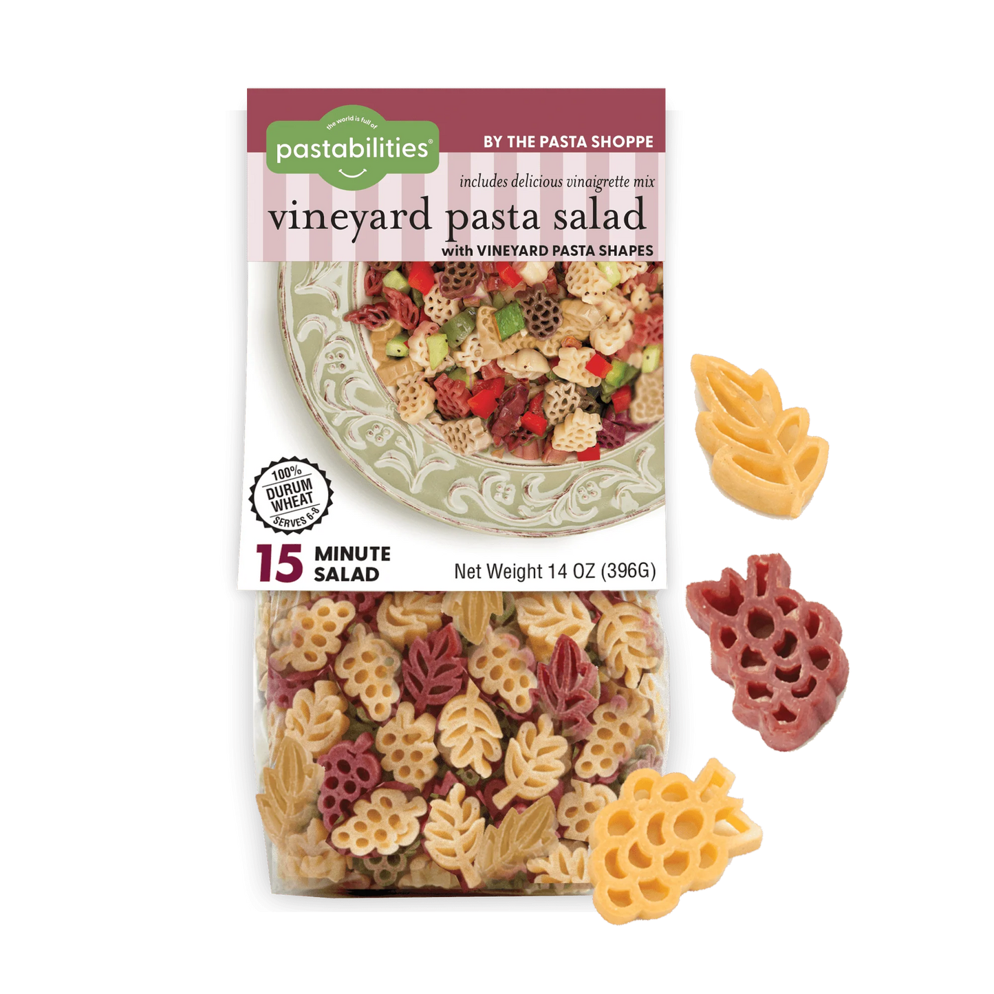 Packaging of vineyard pasta salad with decorative pasta pieces on a white background