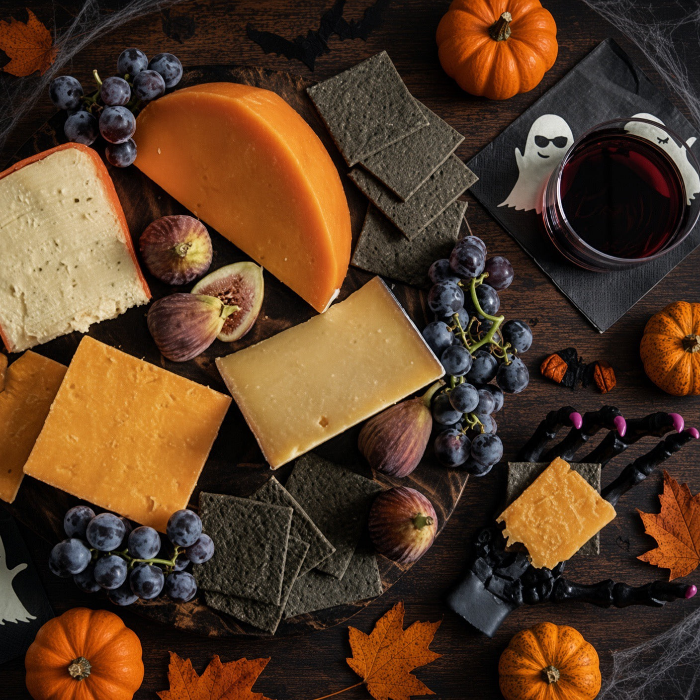 An overhead styled cheese board with multiple cuts of cheese, blueberries, figs, crackers, small pumpkins, autumn leaves, and a glass of red wine on a dark wooden surface.