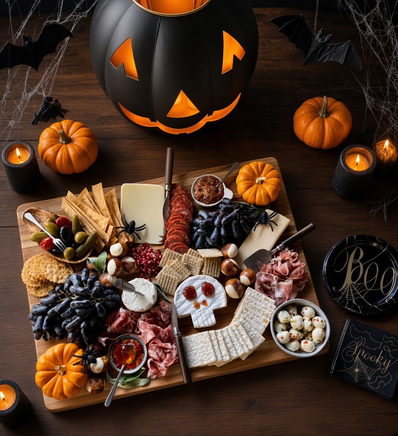 A Halloween-themed charcuterie board arranged on a dark wooden table, featuring cheeses, crackers, cured meats, olives, nuts, candy corn, and small pumpkin decorations. A large black jack-o'-lantern lantern sits behind the board, with candles, bats, cobwebs, and a black 'Boo' sign around it.