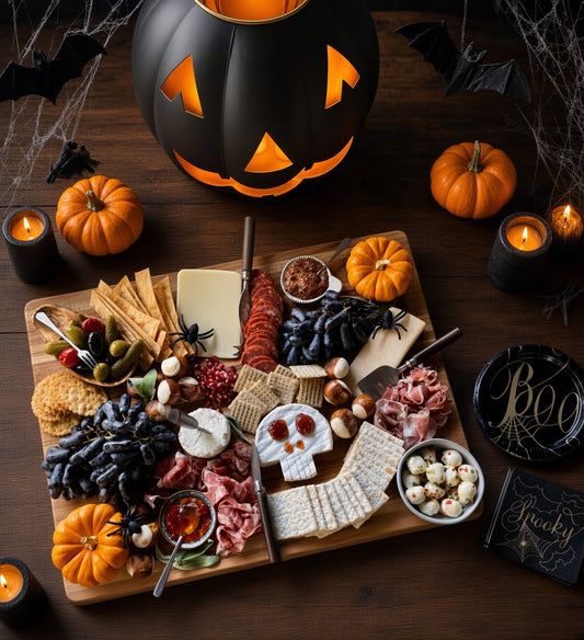 A Halloween-themed charcuterie board arranged on a dark wooden table, featuring cheeses, crackers, cured meats, olives, nuts, candy corn, and small pumpkin decorations. A large black jack-o'-lantern lantern sits behind the board, with candles, bats, cobwebs, and a black 'Boo' sign around it.