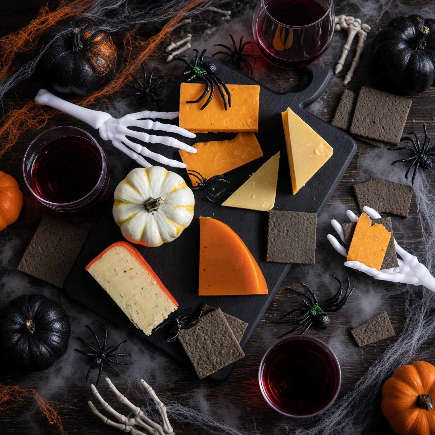 A Halloween-themed cheese board arrangement on a dark wooden table, featuring orange and yellow cheeses, crackers, small pumpkins, spider decorations, skeleton hands, and glasses of red wine.