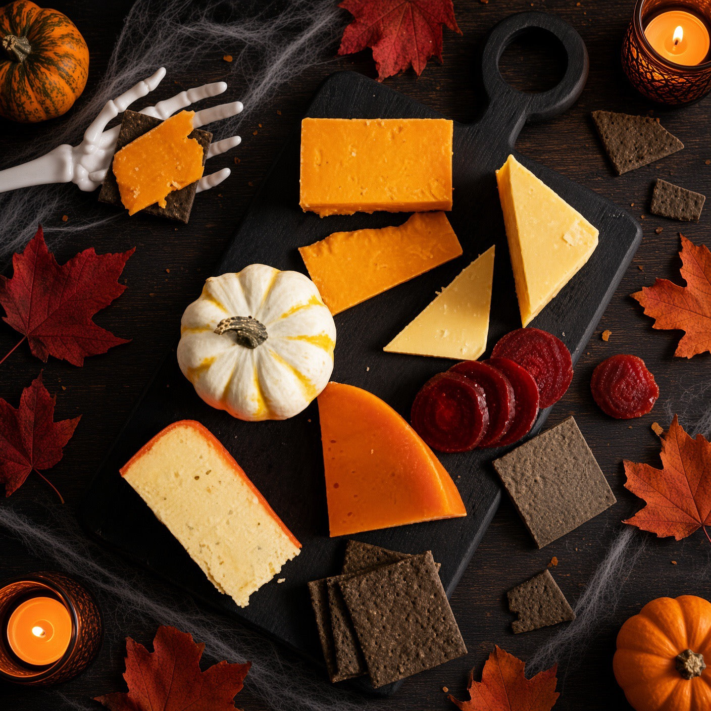 An overhead styled food scene featuring assorted cheese wedges and slices on a black serving board, surrounded by crackers, small pumpkins, red maple leaves, spiderwebs, and candles. No person or animal is present, but this is not a clean isolated product shot; it is a styled flat-lay food presentation, so Product/Packaging is the best fit rather than Lifestyle.