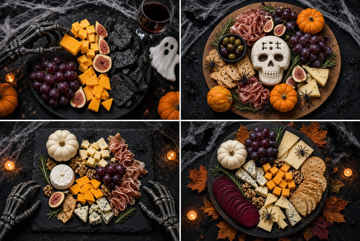 Four Halloween-themed charcuterie board arrangements on a dark background, featuring cheeses, crackers, grapes, figs, small pumpkins, cured meats, and spooky props including skeleton hands, a ghost, candles, spiderwebs, and autumn leaves.