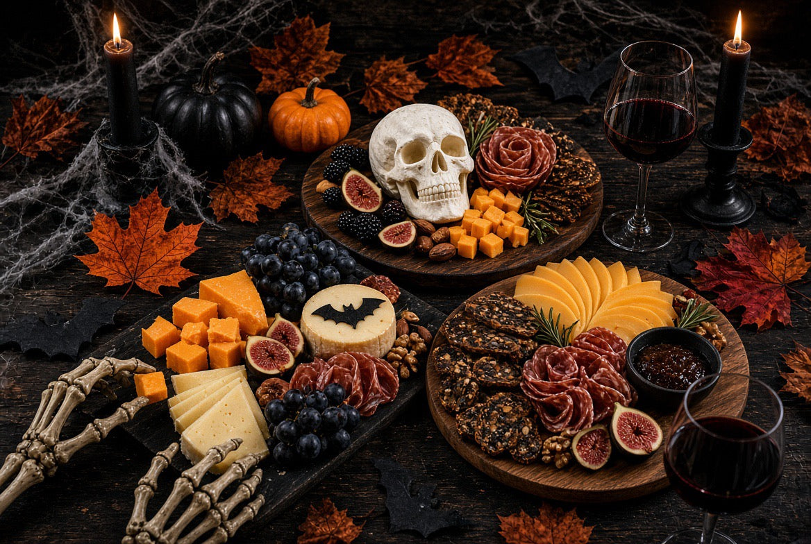 A Halloween-themed charcuterie board setup on a dark wooden table, featuring cheese wedges and cubes, sliced salami, figs, grapes, crackers, candles, autumn leaves, cobwebs, skeletons, and a decorative skull.