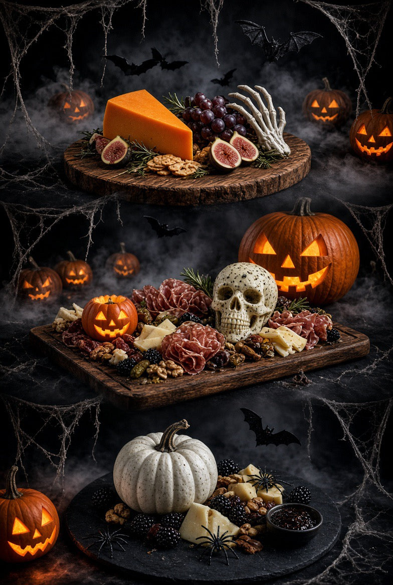 Three Halloween-themed charcuterie boards arranged vertically against a dark, spooky background with cobwebs, bats, and jack-o'-lanterns. The top board features orange cheese, grapes, figs, and a skeleton hand.
