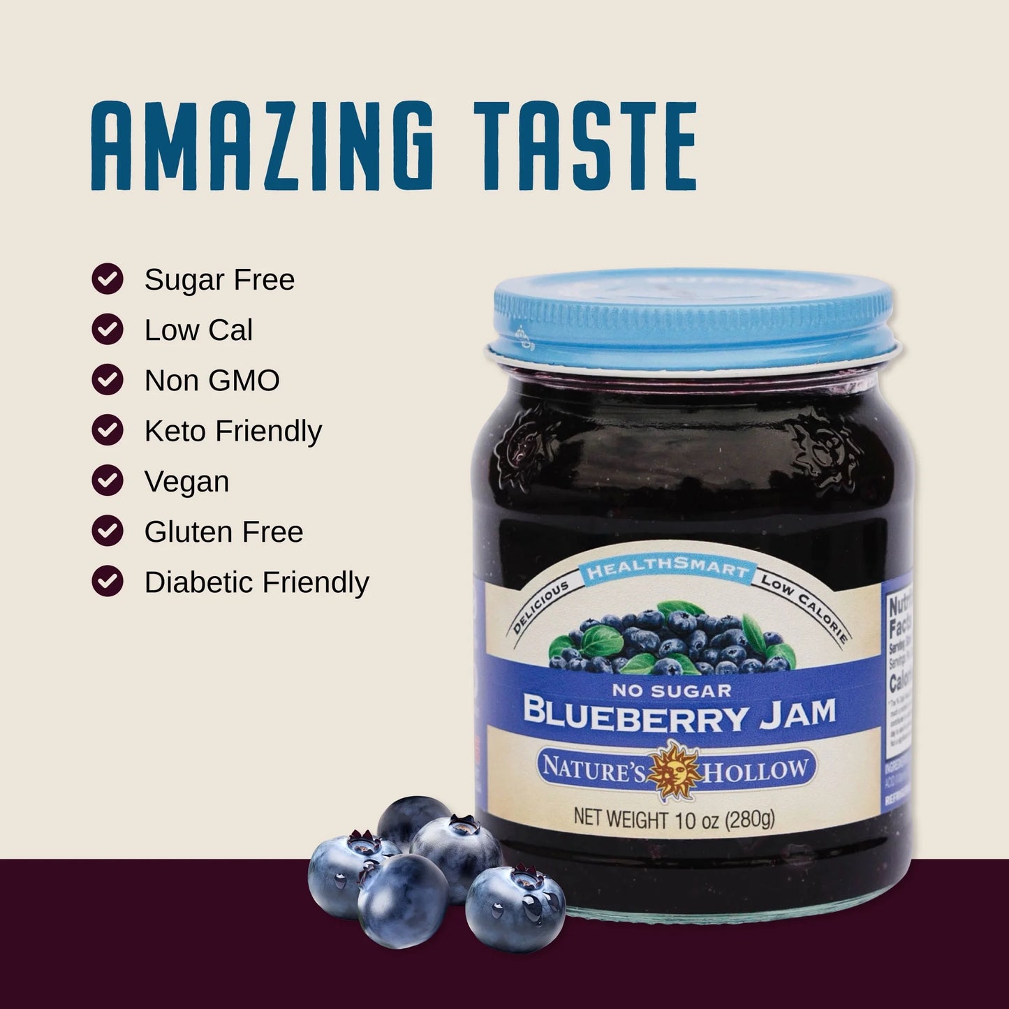 Nature's Hollow Blueberry Jam: Sugar Free Jam and Preserves, Low Cal, Non GMO, Keto Jam, Vegan, Gluten Free, and Diabetic Friendly - Sugar Free Jelly - Pack of 3