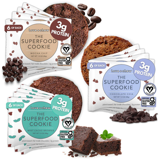Love + Chew Soft Baked Protein Cookies, Gluten Free - includes 18 - Chocolate Lover Minis Variety Pack