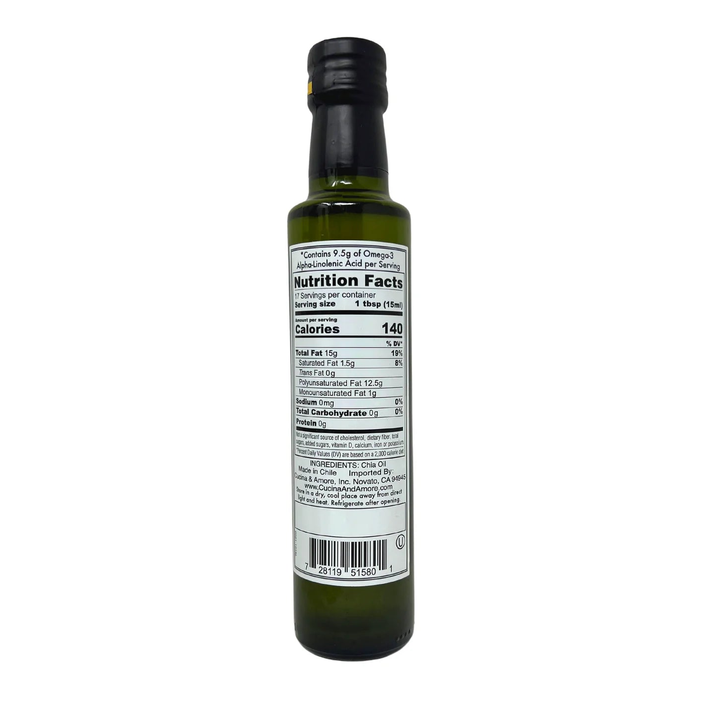 Cucina & Amore Chia Oil and Chilean Extra Virgin Olive Oil Blend - Gluten Free, Non-GMO -16.9 oz