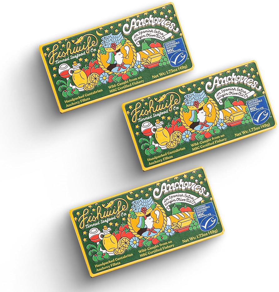 Fishwife Cantabrian Anchovies, Wild-Caught & Hand-Packed with Spanish Extra Virgin Olive Oil | MSC-Certified Sustainable Seafood, High Protein, Gluten Free, Paleo Friendly, Omega-3s - Pack of 3