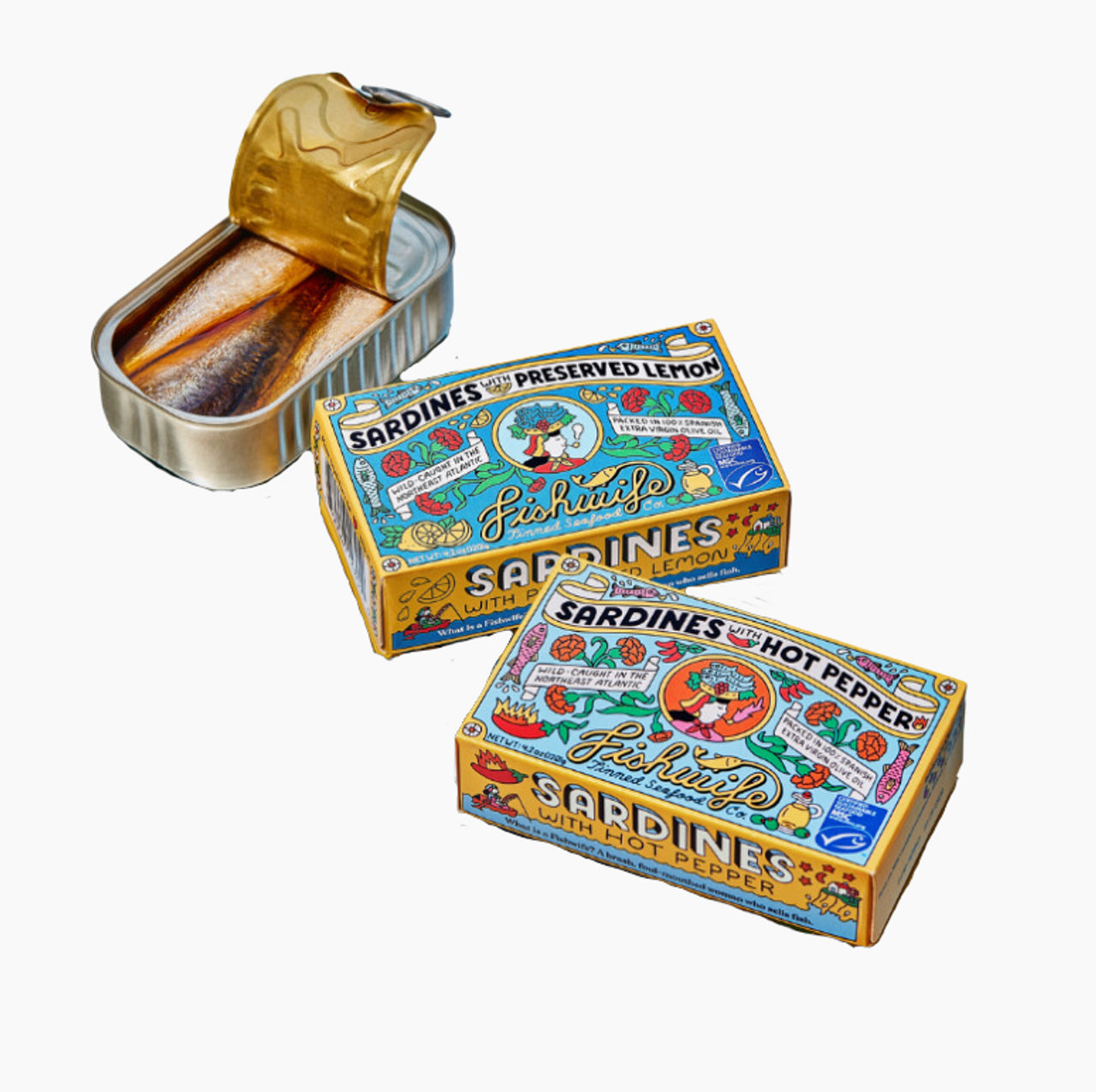 Fishwife Sardines with Lemon & Sardines with Hot Pepper) | Wild-Caught & Hand-Packed with Spanish Extra Virgin Olive Oil | MSC-Certified Sustainable Seafood, High Protein, Gluten Free, Paleo Friendly, Keto Friendly, Omega-3s - Pack of 4