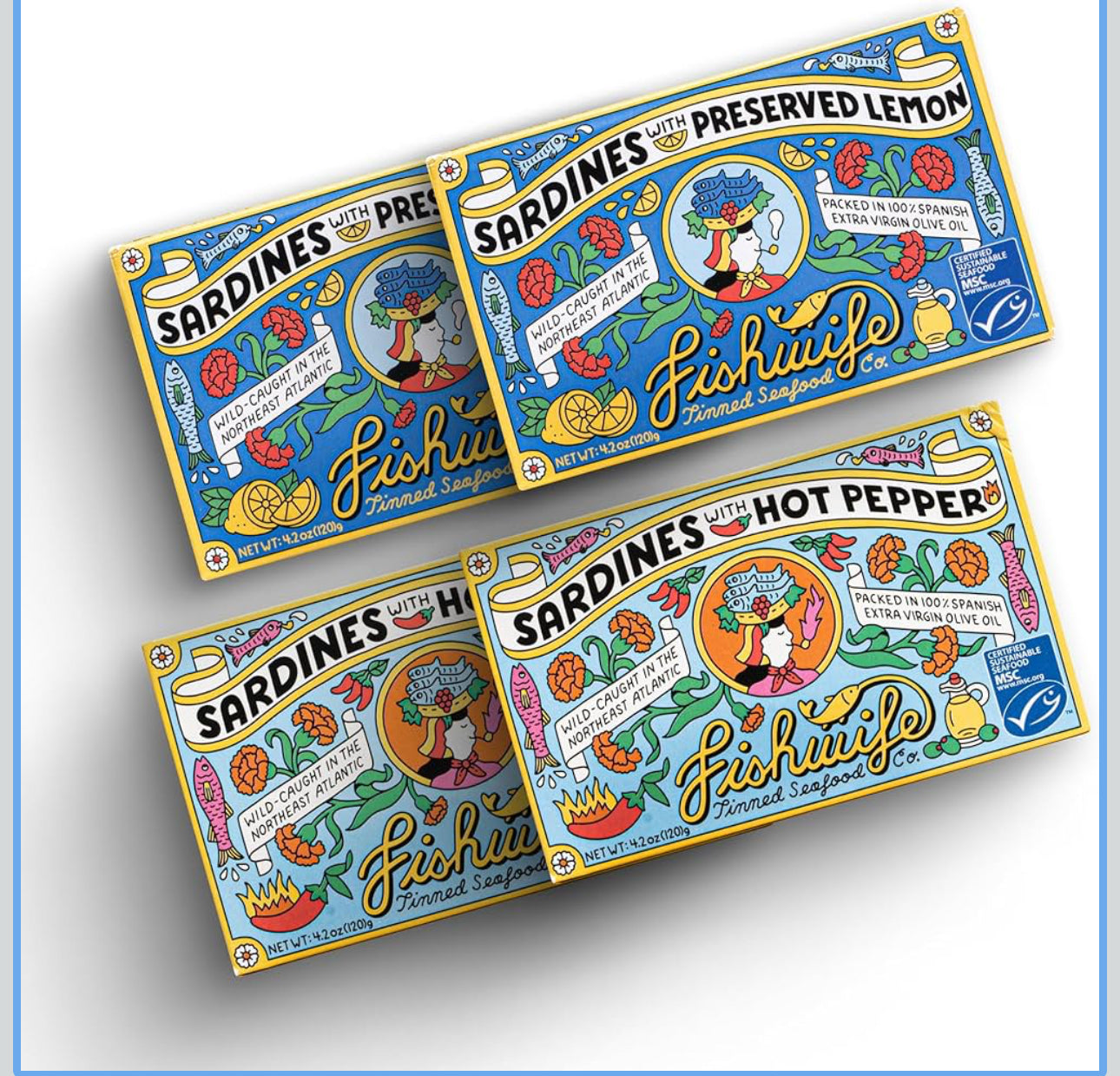 Fishwife Sardines with Lemon & Sardines with Hot Pepper) | Wild-Caught & Hand-Packed with Spanish Extra Virgin Olive Oil | MSC-Certified Sustainable Seafood, High Protein, Gluten Free, Paleo Friendly, Keto Friendly, Omega-3s - Pack of 4