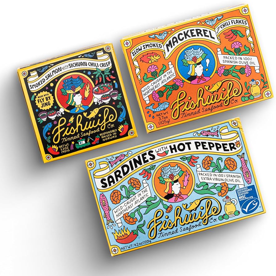 Fishwife Spicy Hot Trio (FBJ Salmon, Mackerel, Sardines with Hot Pepper) Gluten Free, High Protein, Omega-3s | Wild-Caught and Hand-Packed - Pack of 3