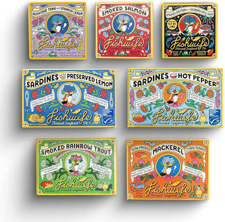 Fishwife Starter 7-Pack (Variety of Tinned Seafood including Smoked Salmon, Rainbow Trout, Sardines, Tuna & More!) | Gluten Free, High Protein, Omega-3s | Hand-Packed